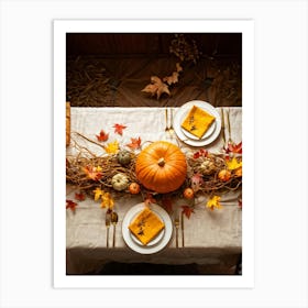 Autumn Themed Dinner Table Centerpiece Of Intertwined Golden Orange Pumpkin Vines Scattered Leaves (1) Art Print