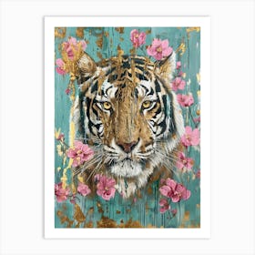 Tiger With Pink Flowers Art Print