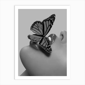 Butterfly On Lips Black And White Art Print