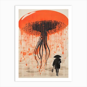 Jellyfish, Woodblock Animal Drawing 4 Art Print