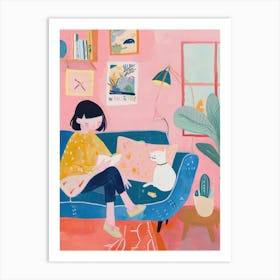 Girl In The Sofa With Pets Tv Lo Fi Kawaii Illustration 5 Art Print