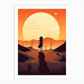 Cowgirl Riding A Horse In The Desert Orange Tones Illustration 14 Art Print