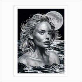 Full Moon In The Water With Woman Portrait Art Print