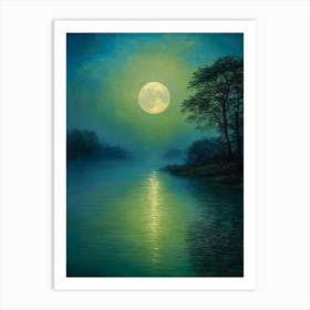 Mystical Full Moon Over Water Oil Painting | Witchy Wall Decor | Magical Art Print Enchanting Halloween Lunar Art Print