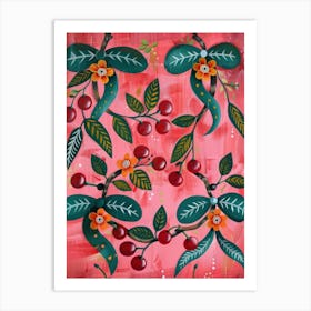 Folk Cherries And Bows 1 Pattern Art Print