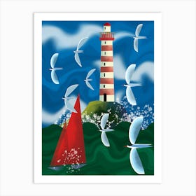 Red and White Striped Lighthouse Art Print