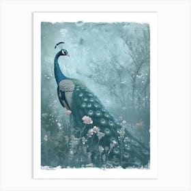 Cyanotype Peacock Collage With Flowers Art Print