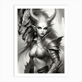 Dragonborn Black And White Painting (7) Art Print