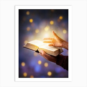 A Hand Gently Holding Open A Holy Bible To Highlight A Passage Surrounded By A Soft Glow That Sugge Art Print