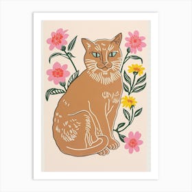 Cute Burmese Cat With Flowers Illustration 4 Art Print