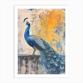 Orange & Blue Textured Portrait Of A Peacock On The Balcony Art Print