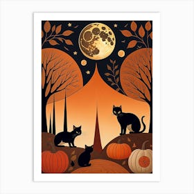 Halloween Cats And Pumpkins Art Print