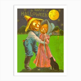 Jack O' Lantern With His Lady Under A Halloween Moon Art Print