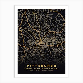 Pittsburgh Pennsylvania Usa Black And Gold Map Art Print