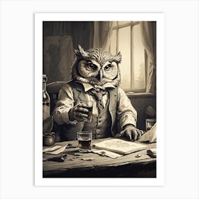 Vintage Owl Bird Beer Art Print