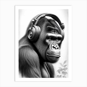 Gorilla With Headphones Gorillas Greyscale Sketch 1 Art Print