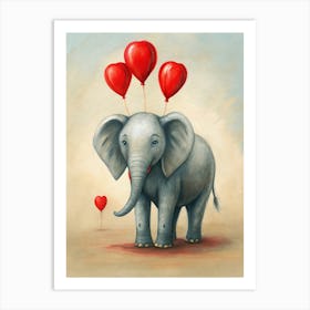 Elephant With Red Balloons Art Print