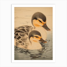 Japanese Woodblock Style Duckling Family 1 Art Print