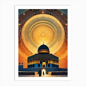 Jerusalem Temple - Islamic Mosque - Trippy Abstract Cityscape Iconic Wall Decor Visionary Psychedelic Fractals Fantasy Art Cool Full Moon Third Eye Space Sci-fi Awesome Futuristic Ancient Paintings For Your Home Gift For Him Art Print