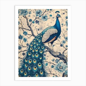 Cream & Blue Peacock On A Tree Branch Art Print