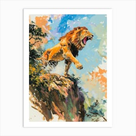 Asiatic Lion Roaring On A Cliff Fauvist Painting 1 Art Print