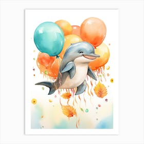 Dolphin Flying With Autumn Fall Pumpkins And Balloons Watercolour Nursery 3 Art Print