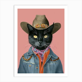 Black Cat Cowboy Quirky Western Print Pet Decor 1 Art Print