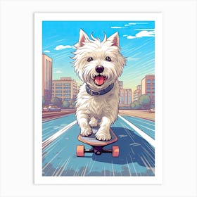 West Highland White Terrier (Westie) Dog Skateboarding Illustration 3 Art Print