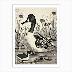 B&W Bird Linocut Canvasback 2 Art Print
