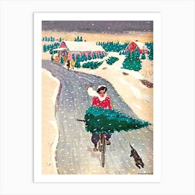 Woman With A Christmas Tree On Her Bike Riding Through The Snowy Village Road Art Print