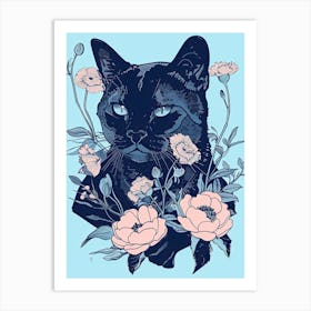 Cute Russian Blue Cat With Flowers Illustration 1 Art Print
