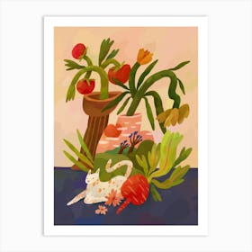 Whimsical Still Life: Vase and Cat Art Print