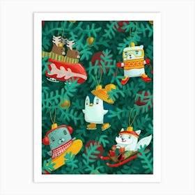 Snowanimals in christmas tree Art Print