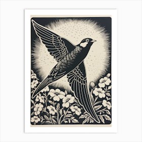B&W Bird Linocut Chimney Swift 2 Art Print