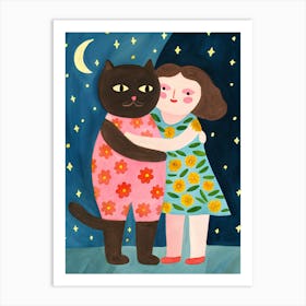 Black Cat And Girl Cuddling Art Print