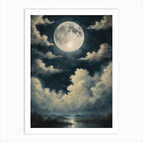 Moody Vintage Full Moon Landscape Scenery Art Print | Dark Cottagecore Dreamy Cloudy Painting | Library Gallery Feature Altar Wall | Witchy HD Art Print