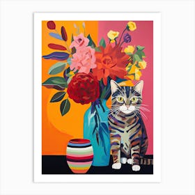 Zinnia Flower Vase And A Cat, A Painting In The Style Of Matisse 1 Art Print
