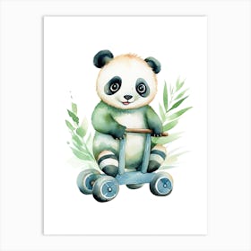 Baby Panda On A Toy Car, Watercolour Nursery 2 Art Print