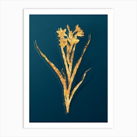 Vintage Sword Lily Botanical in Gold on Teal Blue n.0075 Art Print