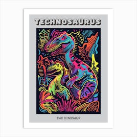 Two Neon Dinosaur Line Illustration Poster Art Print