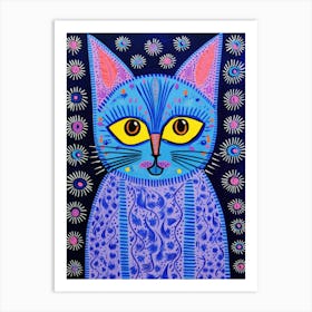 A Blue Cat in Gond Painting Style Art Print