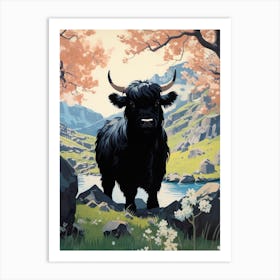Black Bull In The Highlands By The River Art Print