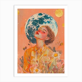 Girl With Flowers orange moon Art Print