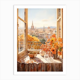 Window View Of Barcelona Spain In Autumn Fall, Watercolour 4 Art Print