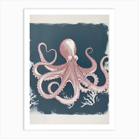Linocut Inspired Navy Red Octopus With Coral 10 Art Print