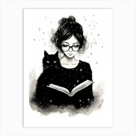 Black Cat And Girl Reading A Book Art Print