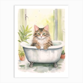 Norwegian Forest Cat In Bathtub Botanical Bathroom 3 Art Print