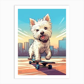 West Highland White Terrier (Westie) Dog Skateboarding Illustration 1 Art Print