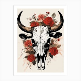 Vintage Boho Bull Skull Flowers Painting (40) Art Print