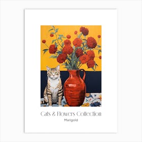 Cats & Flowers Collection Marigold Flower Vase And A Cat, A Painting In The Style Of Matisse 2 Art Print